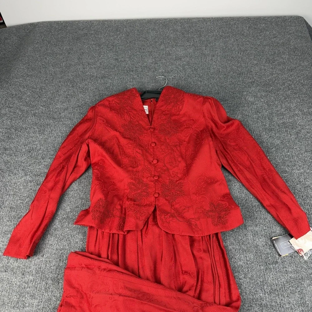 Karin Stevens Jacket Skirt‎ Dress Womens 14 Red Floral Jacquard Beaded Formal